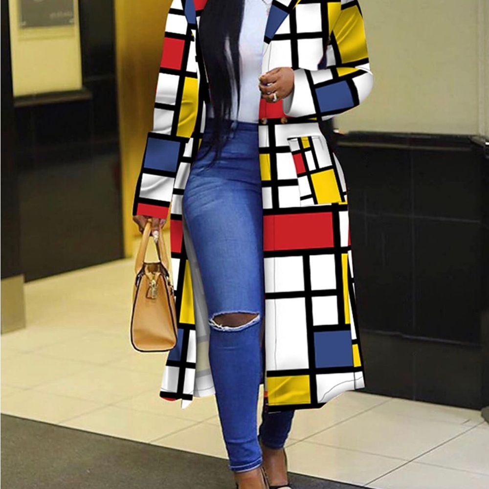 Women's Colored Geo Turn Down Collar Long Blazer Jacket